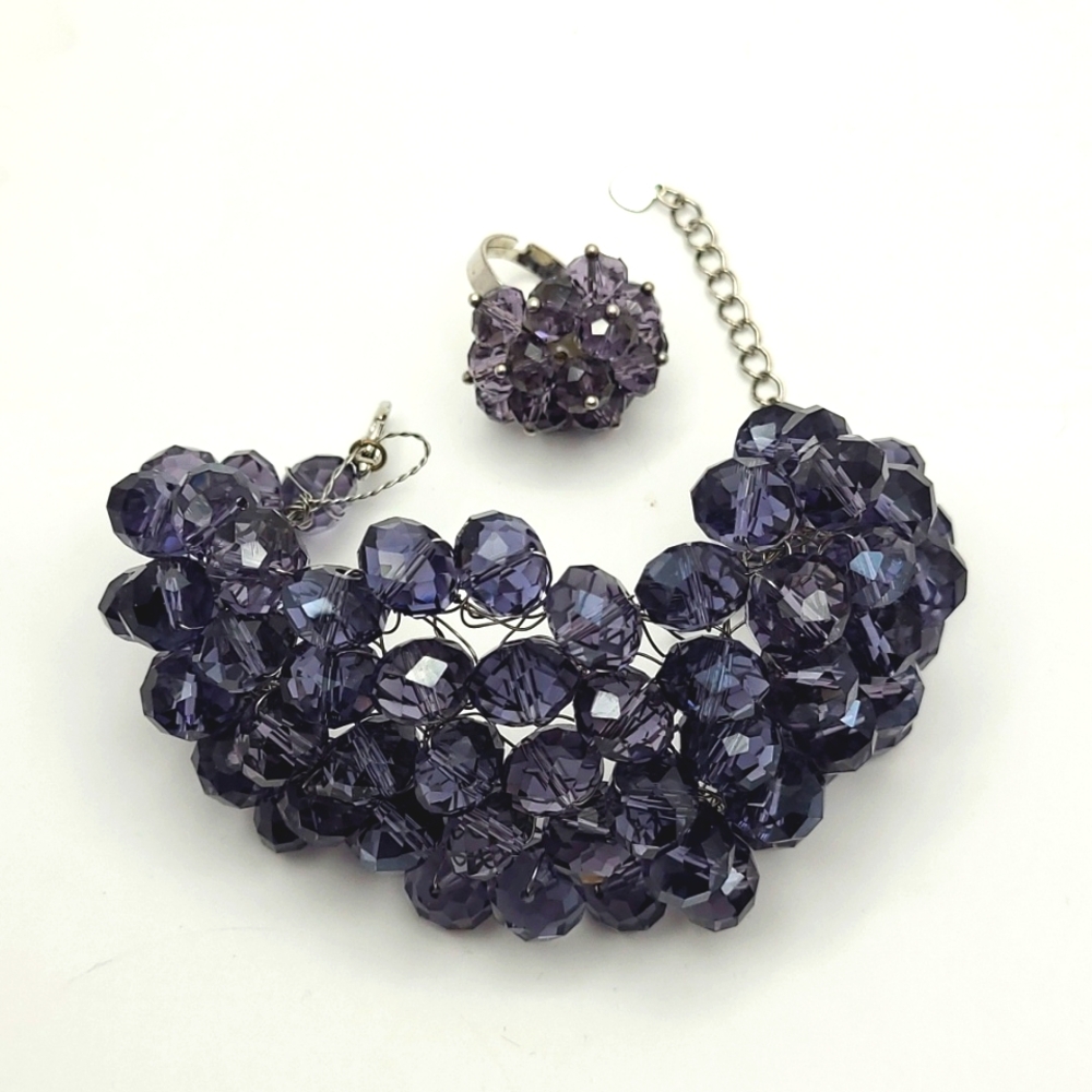 Purple Crystal Cluster Bracelet & Ring